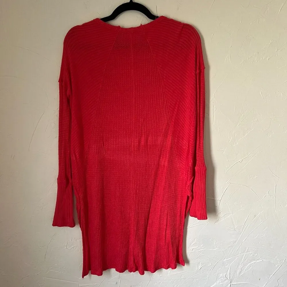 Free People Coral Ribbed Thermal Top‎ Cozy Boho Waffle Knit Oversized Size L